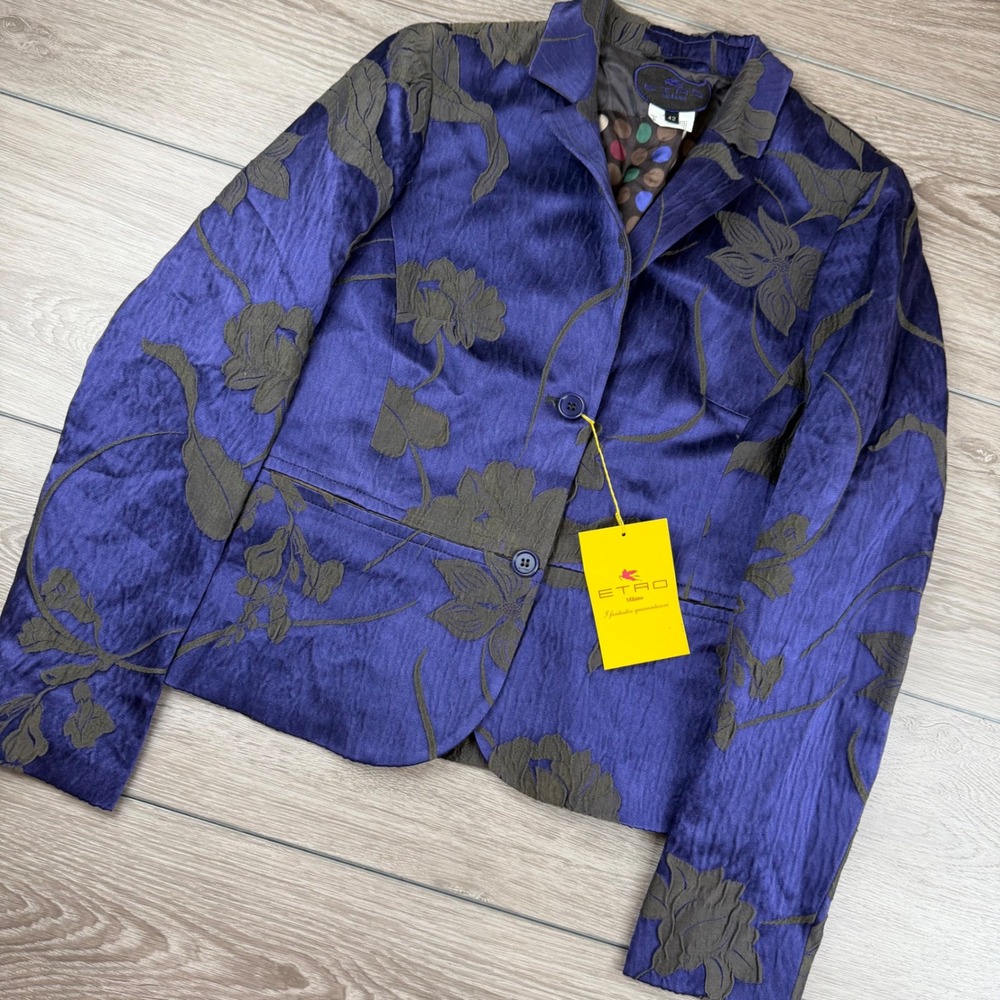 Etro Womens Blazer Floral Jacquard Silk Blend Purple Size 6 IT 42